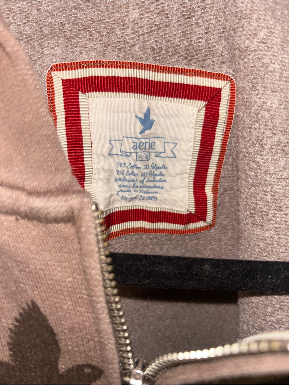 aerie Taupe Zip-Up Hoodie with Dark Brown Bird Print - Picture 2 of 2